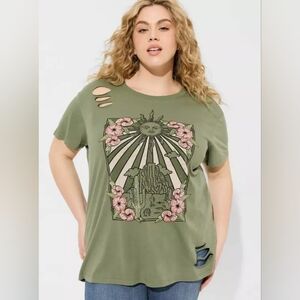 torrid Olive Green Graphic Distressed Short Sleeve Tee with Pink Floral